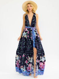 WOMEN'S SLEEVELESS V-NECK SELF TIE FRONT SLIT FLORAL MAXI DRESS