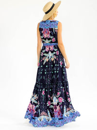 WOMEN'S SLEEVELESS V-NECK SELF TIE FRONT SLIT FLORAL MAXI DRESS