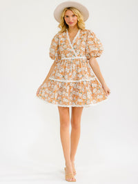 WOMEN'S SHORT PUFF SLEEVE SURPLICE EMBROIDERY FLORAL MINI DRESS