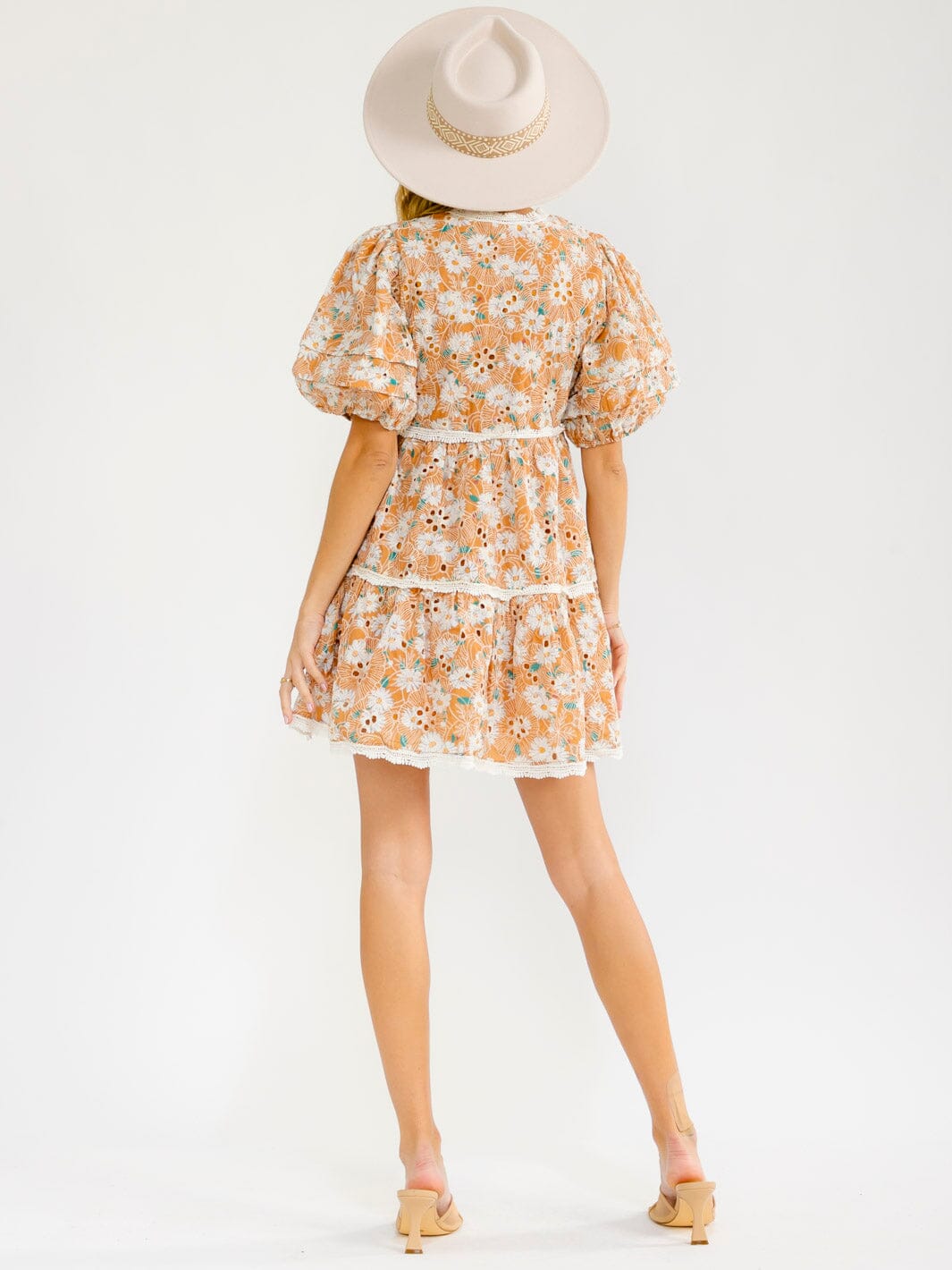 WOMEN'S SHORT PUFF SLEEVE SURPLICE EMBROIDERY FLORAL MINI DRESS