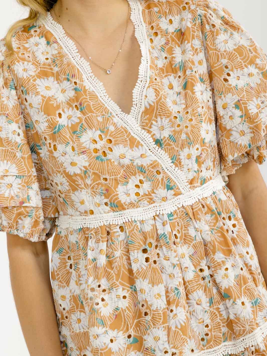 WOMEN'S SHORT PUFF SLEEVE SURPLICE EMBROIDERY FLORAL MINI DRESS