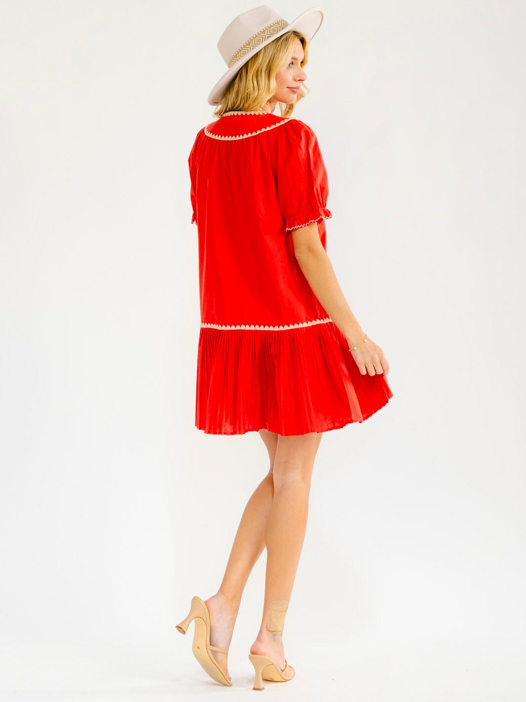 WOMEN'S SHORT PUFF SLEEVE LOOSE FIT PLEATED MINI DRESS