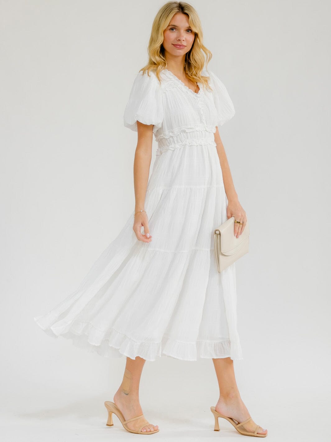 WOMEN'S SHORT PUFF SLEEVE V-NECK ELASTIC WAIST DETAILED MAXI DRESS