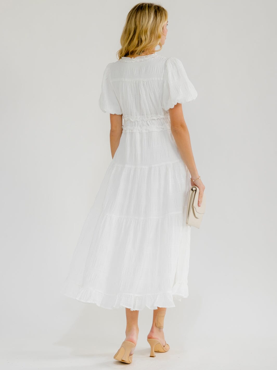 WOMEN'S SHORT PUFF SLEEVE V-NECK ELASTIC WAIST DETAILED MAXI DRESS