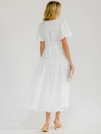 WOMEN'S SHORT PUFF SLEEVE V-NECK ELASTIC WAIST DETAILED MAXI DRESS