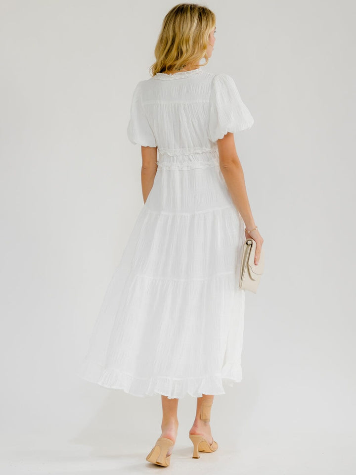 WOMEN'S SHORT PUFF SLEEVE V-NECK ELASTIC WAIST DETAILED MAXI DRESS