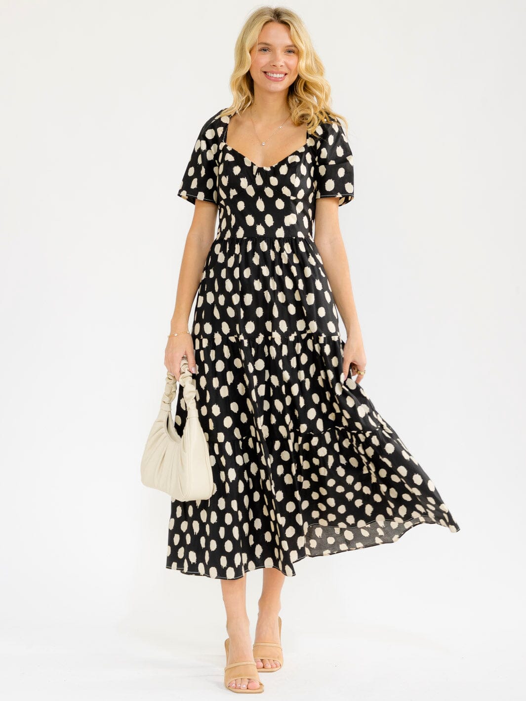 WOMEN'S SHORT SLEEVE V-NECK POLKA DOTS PRINT MAXI DRESS