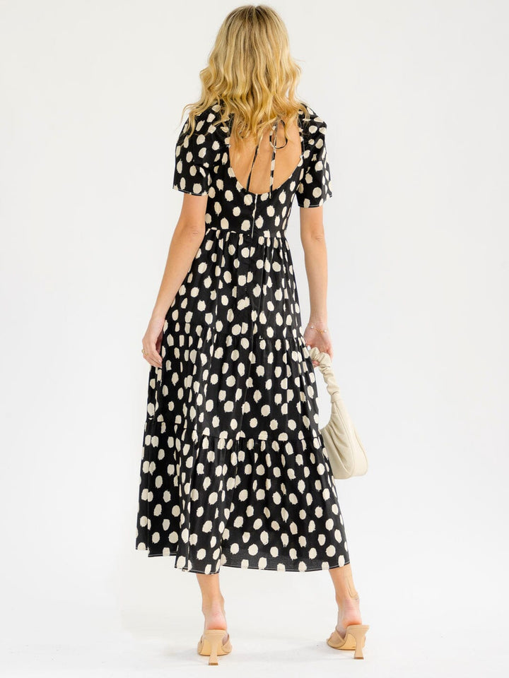 WOMEN'S SHORT SLEEVE V-NECK POLKA DOTS PRINT MAXI DRESS