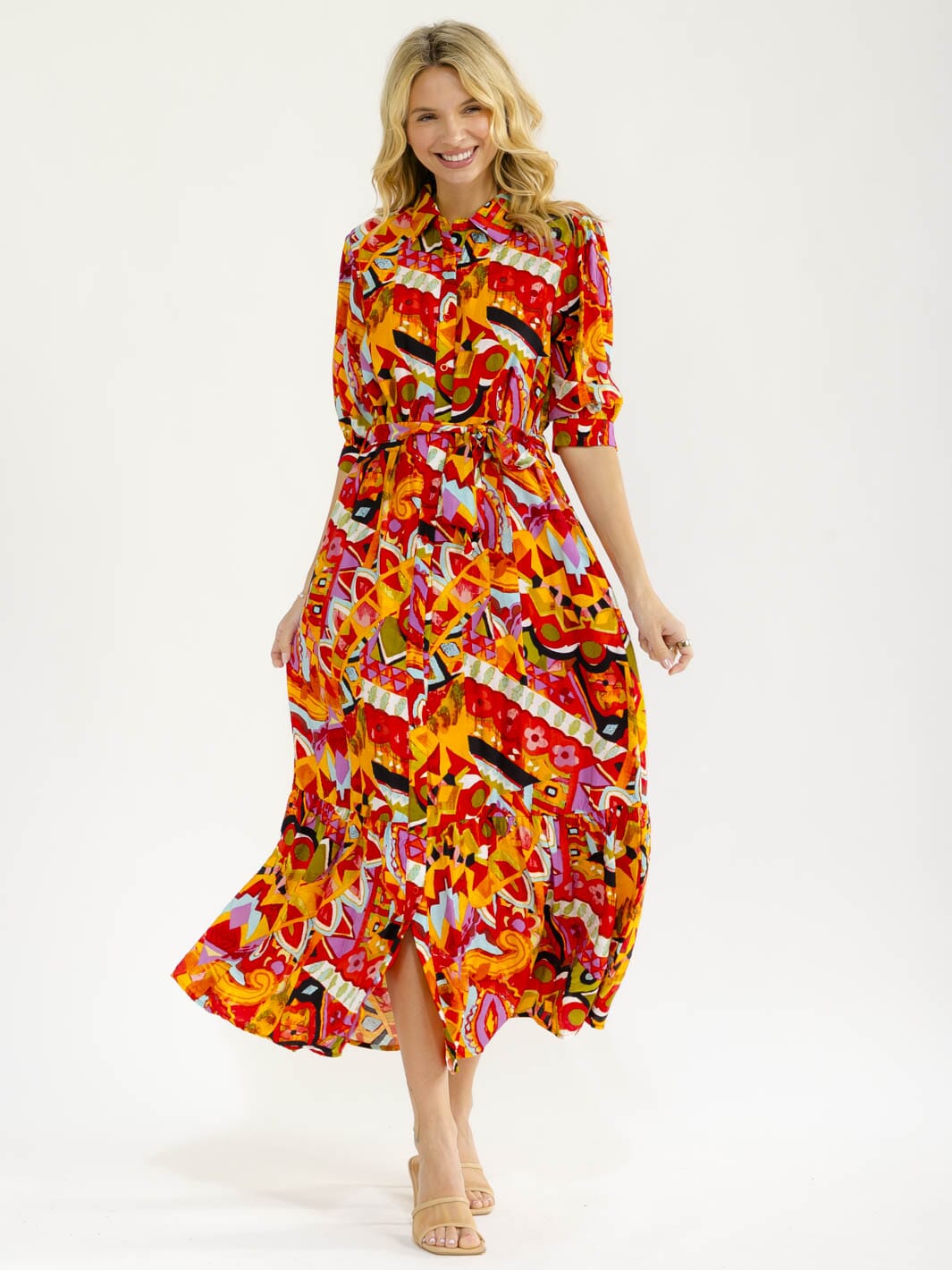 WOMEN'S SHORT SLEEVE BUTTON UP FRONT POCKETS MULTI PRINT MAXI DRESS
