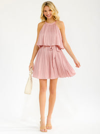 WOMEN'S SLEEVELESS ELASTIC WAIST RUFFLE MINI DRESS