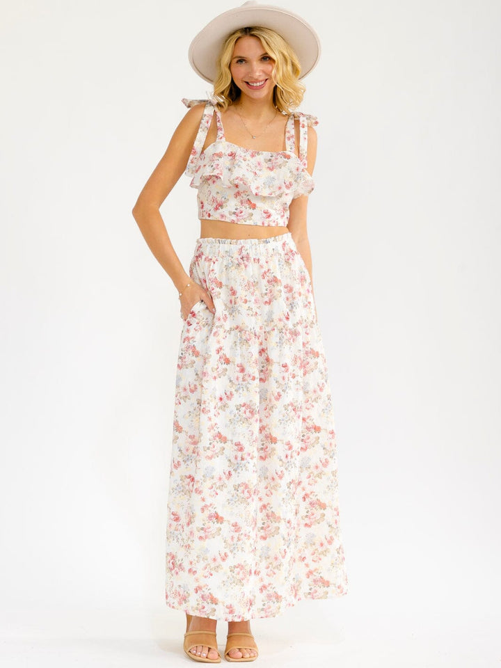 WOMEN'S SLEEVELESS CROP TOP & ELASTIC WAIST MAXI SKIRT FLORAL EMBROIDERY 2PC. SET