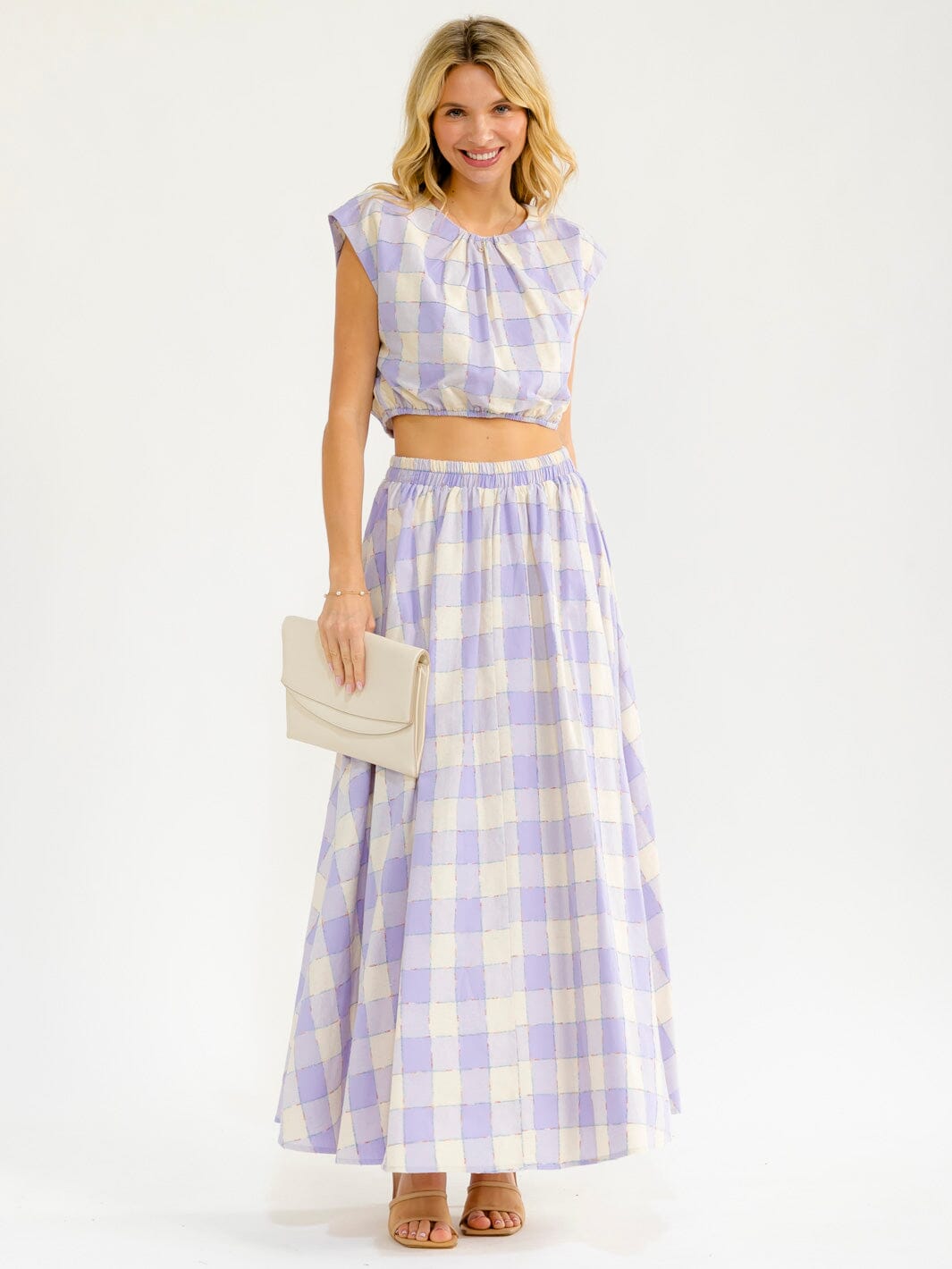 WOMEN'S SLEEVELESS CROP TOP & ELASTIC WAIST MAXI SKIRT PLAID 2PC. SET
