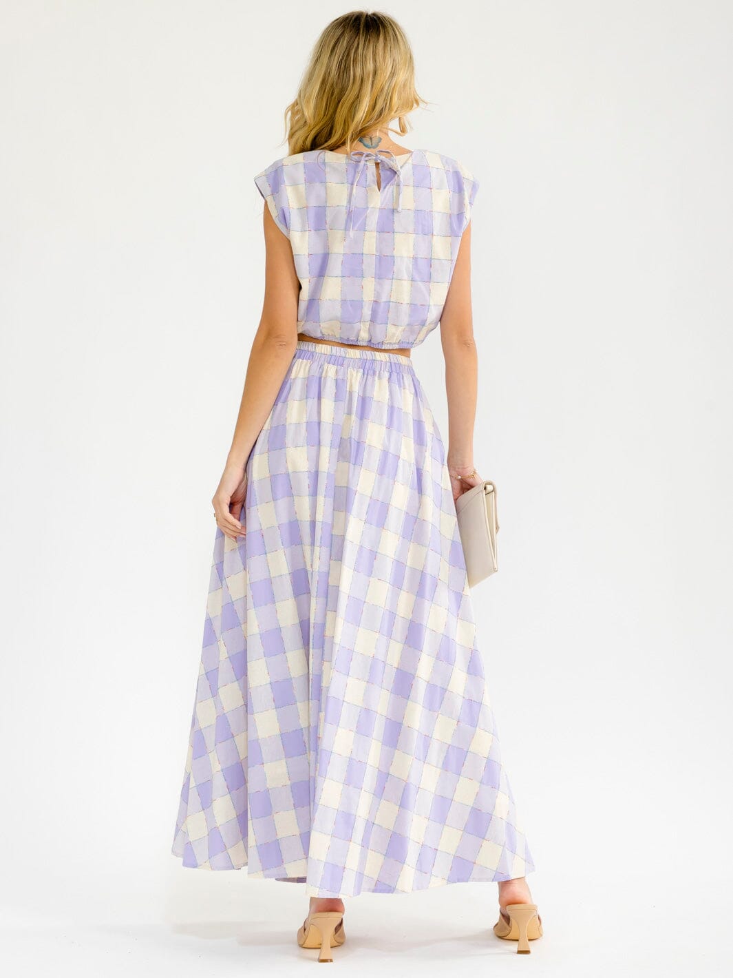 WOMEN'S SLEEVELESS CROP TOP & ELASTIC WAIST MAXI SKIRT PLAID 2PC. SET