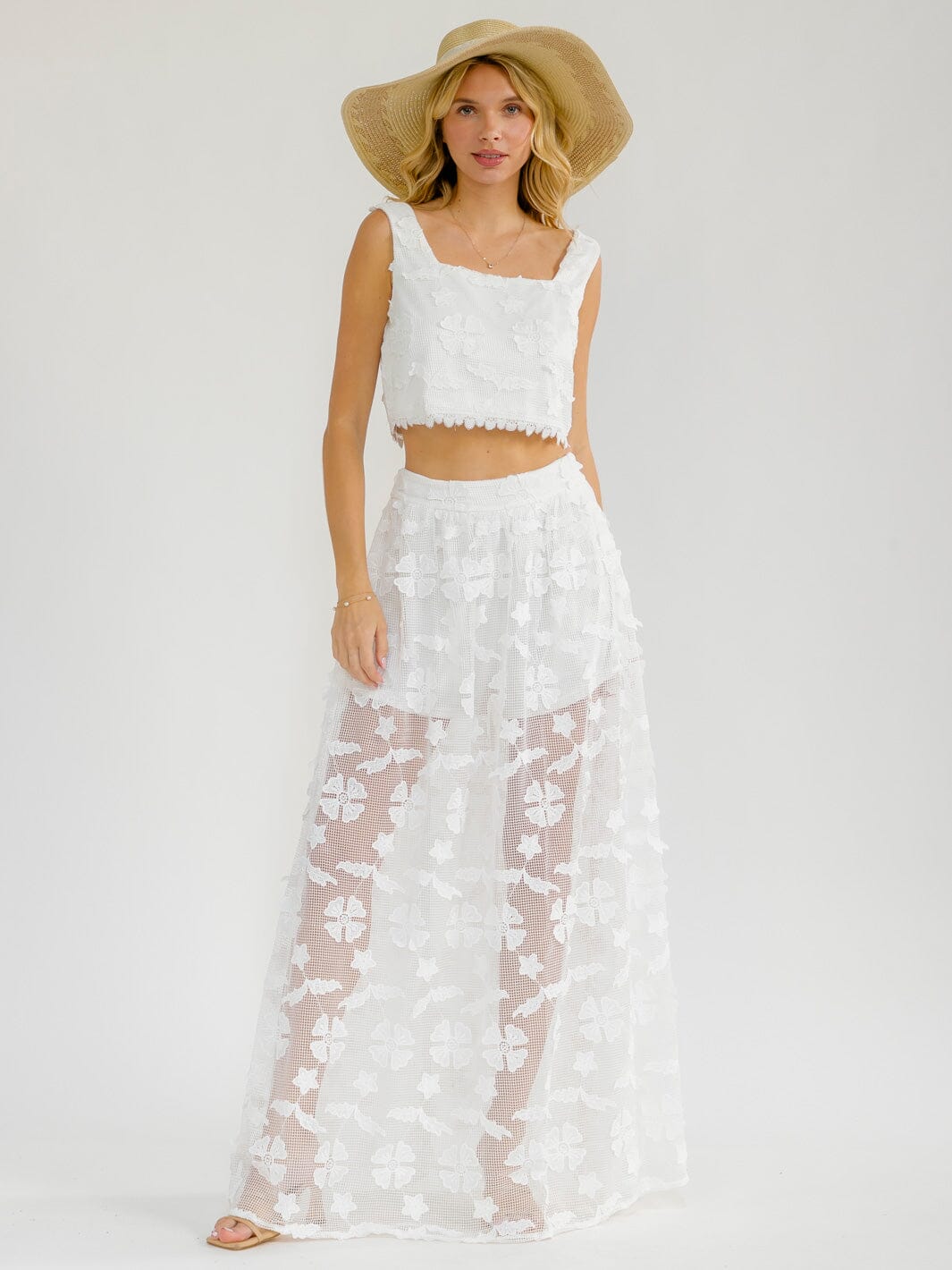 WOMEN'S SLEEVELESS CROP TOP & ELASTIC WAIST MAXI SKIRT FLORAL LACE 2PC. SET