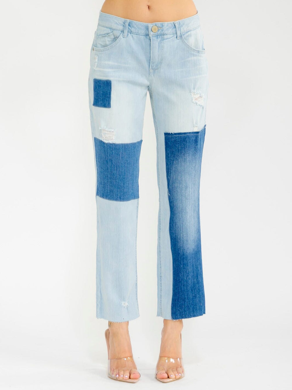 WOMEN'S BUTTON CLOSURE POCKETS STRAIGH LEG TWO TONE STRETCH DENIM PANTS