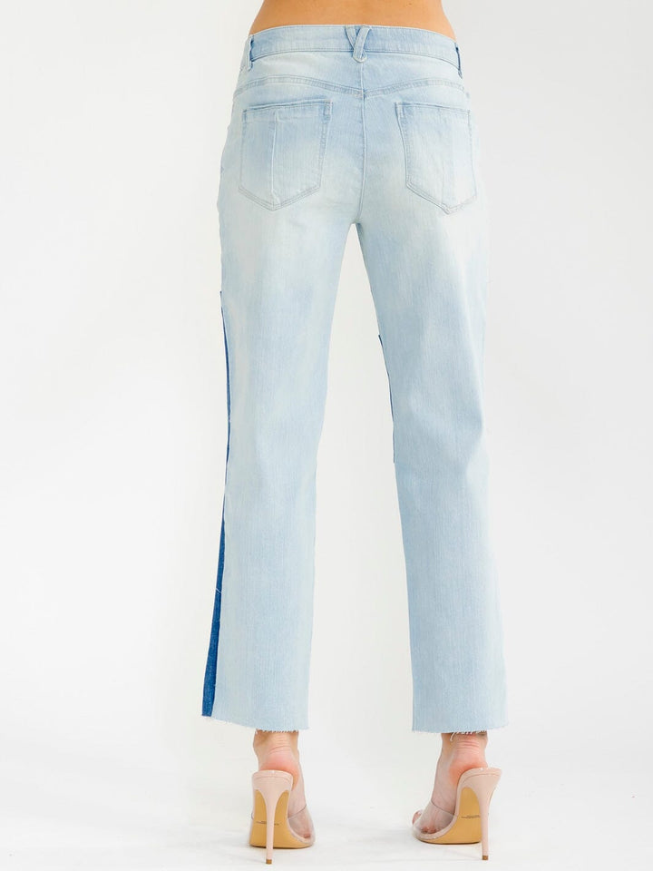 WOMEN'S BUTTON CLOSURE POCKETS STRAIGH LEG TWO TONE STRETCH DENIM PANTS