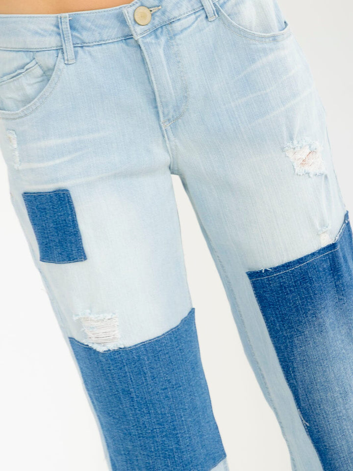 WOMEN'S BUTTON CLOSURE POCKETS STRAIGH LEG TWO TONE STRETCH DENIM PANTS