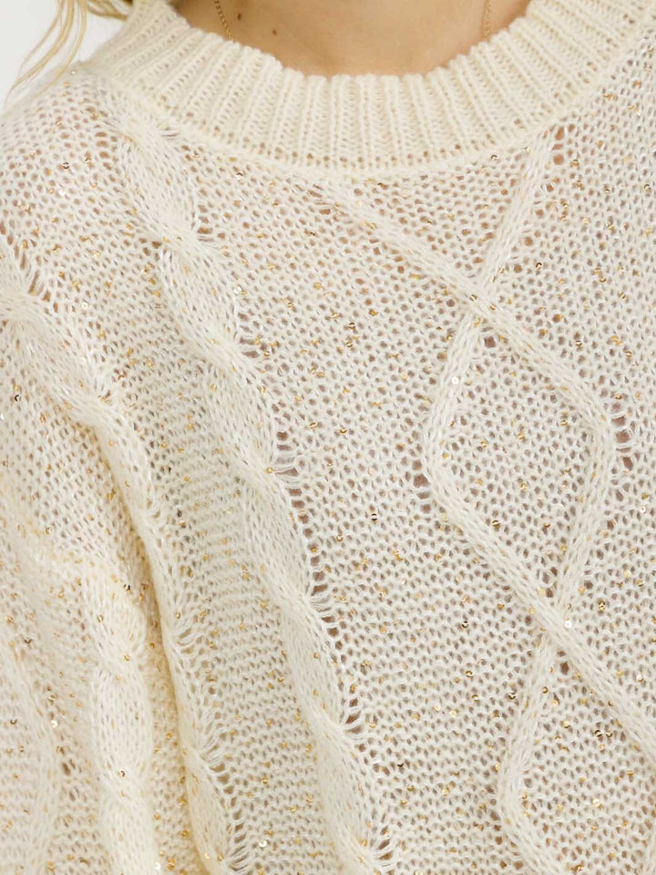 WOMEN'S LONG SLEEVE PULLOVER CABLE KNIT SEQUINS SWEATER