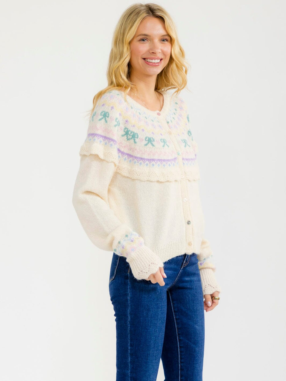 WOMEN'S LONG SLEEVE BUTTON MULTI CROCHET SWEATER