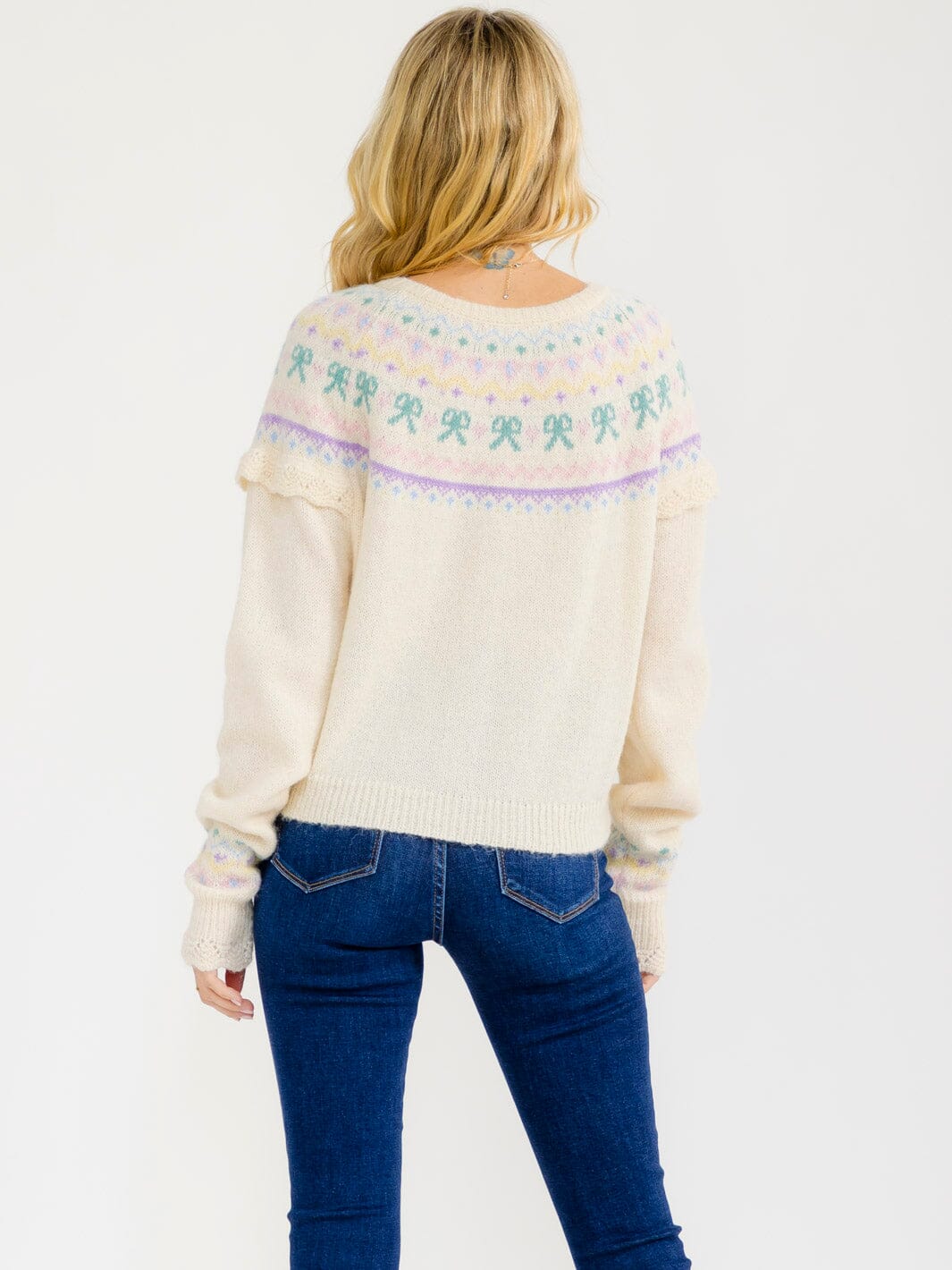 WOMEN'S LONG SLEEVE BUTTON MULTI CROCHET SWEATER