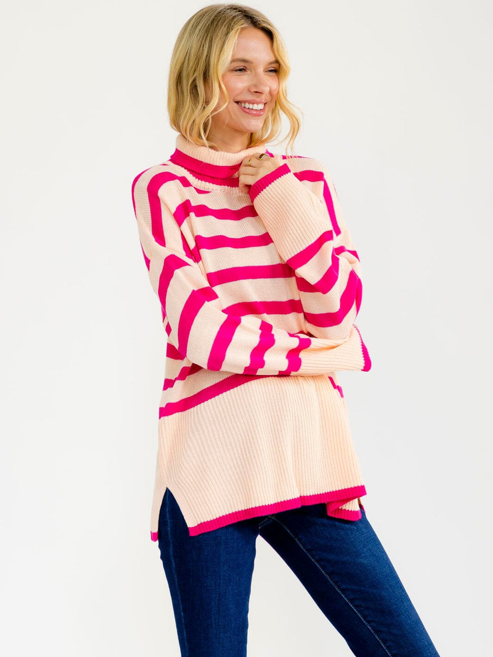 WOMEN'S LONG SLEEVE TURTLE NECK COLORBLOCK STRIPES PULLOVER SWEATER