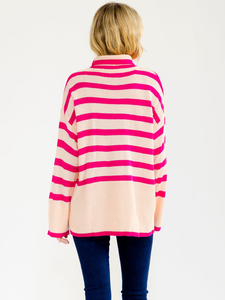 WOMEN'S LONG SLEEVE TURTLE NECK COLORBLOCK STRIPES PULLOVER SWEATER