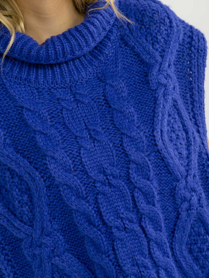 WOMEN'S SLEEVELESS TURTLE NECK CABLE KNIT PULLOVER SWEATER TOP