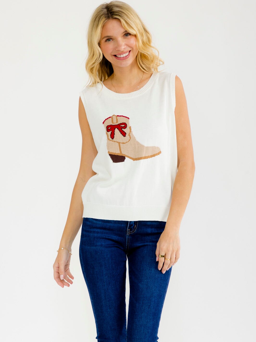 WOMEN'S SLEEVELESS COWBOY BOOT SWEATER TOP