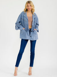 WOMEN'S LONG SLEEVE BUTTON CLOSURE FRONT POCKETS FRINGE VELVET JACKET