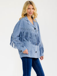WOMEN'S LONG SLEEVE BUTTON CLOSURE FRONT POCKETS FRINGE VELVET JACKET
