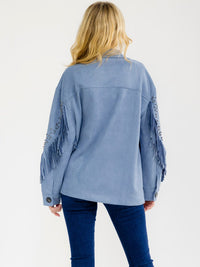 WOMEN'S LONG SLEEVE BUTTON CLOSURE FRONT POCKETS FRINGE VELVET JACKET