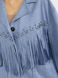 WOMEN'S LONG SLEEVE BUTTON CLOSURE FRONT POCKETS FRINGE VELVET JACKET