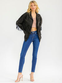 WOMEN'S LONG SLEEVE BUTTON CLOSURE FRONT POCKETS FRINGE VELVET JACKET