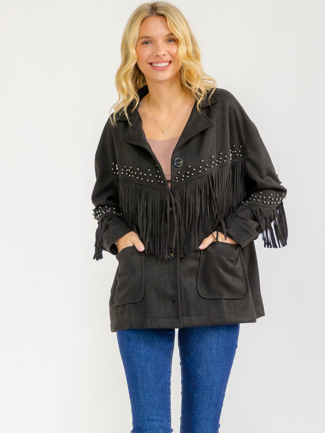 WOMEN'S LONG SLEEVE BUTTON CLOSURE FRONT POCKETS FRINGE VELVET JACKET