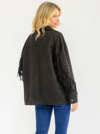 WOMEN'S LONG SLEEVE BUTTON CLOSURE FRONT POCKETS FRINGE VELVET JACKET