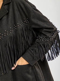WOMEN'S LONG SLEEVE BUTTON CLOSURE FRONT POCKETS FRINGE VELVET JACKET