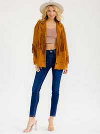 WOMEN'S LONG SLEEVE BUTTON CLOSURE FRONT POCKETS FRINGE VELVET JACKET
