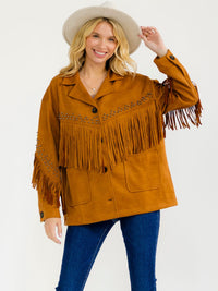 WOMEN'S LONG SLEEVE BUTTON CLOSURE FRONT POCKETS FRINGE VELVET JACKET
