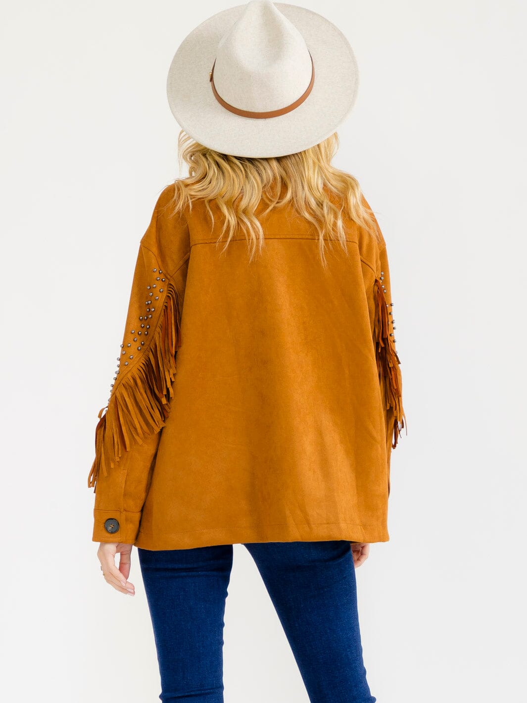 WOMEN'S LONG SLEEVE BUTTON CLOSURE FRONT POCKETS FRINGE VELVET JACKET