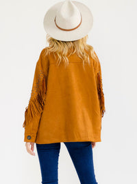 WOMEN'S LONG SLEEVE BUTTON CLOSURE FRONT POCKETS FRINGE VELVET JACKET