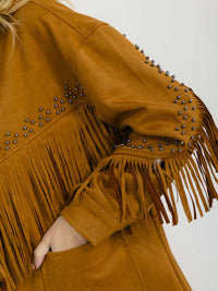 WOMEN'S LONG SLEEVE BUTTON CLOSURE FRONT POCKETS FRINGE VELVET JACKET