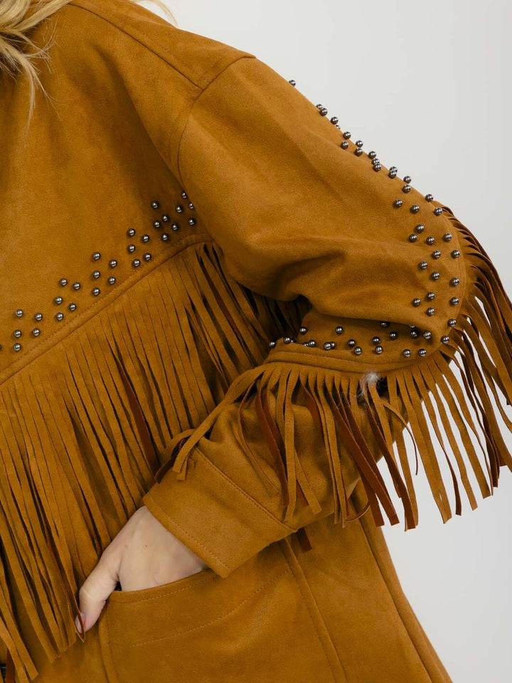 WOMEN'S LONG SLEEVE BUTTON CLOSURE FRONT POCKETS FRINGE VELVET JACKET