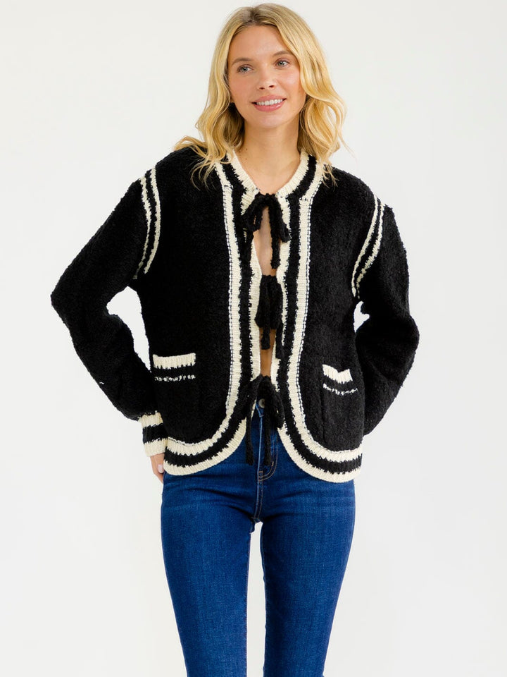 WOMEN'S LONG SLEEVE FRONT TIE POCKETS COLORBLOCK SWEATER
