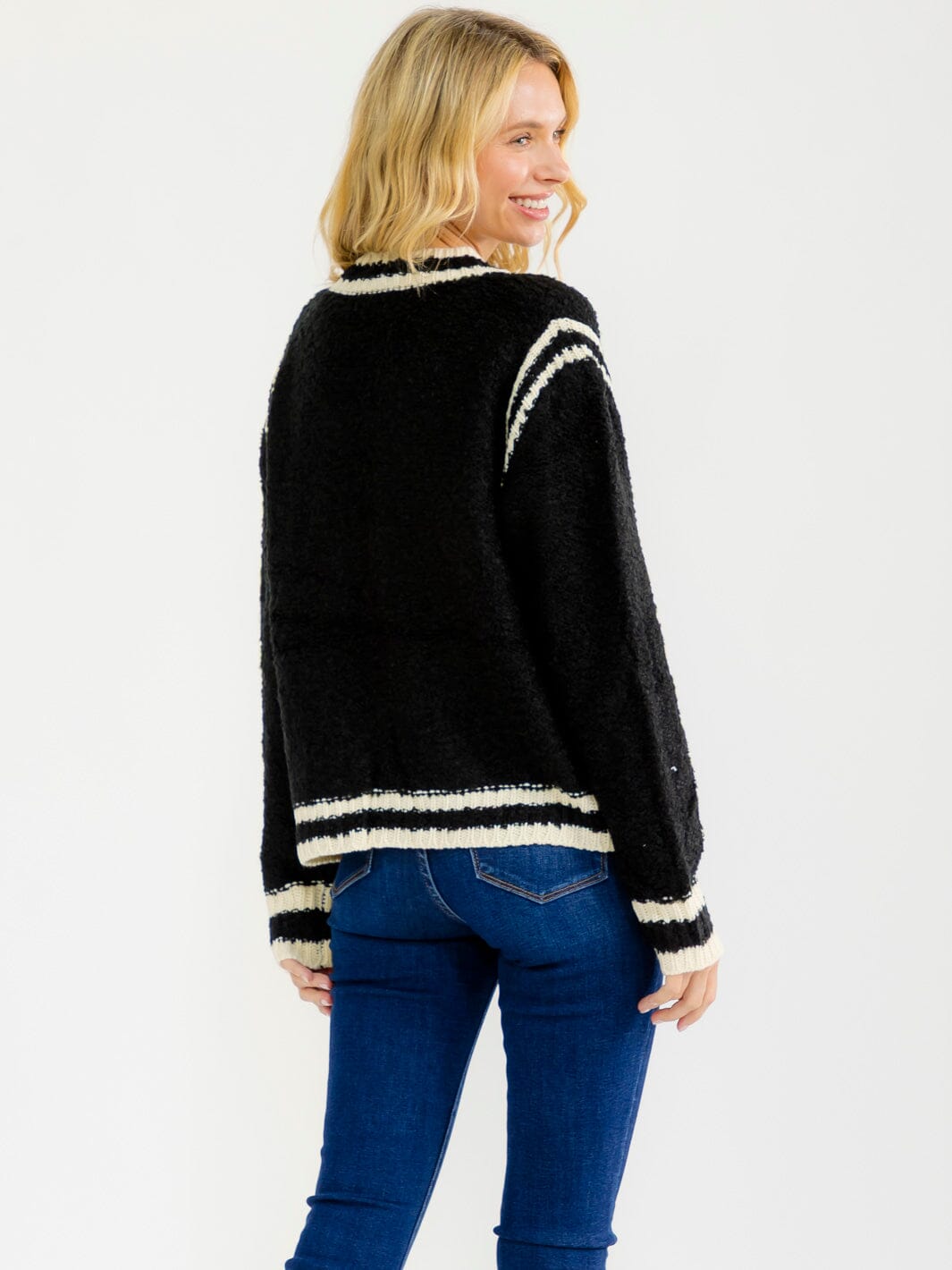 WOMEN'S LONG SLEEVE FRONT TIE POCKETS COLORBLOCK SWEATER
