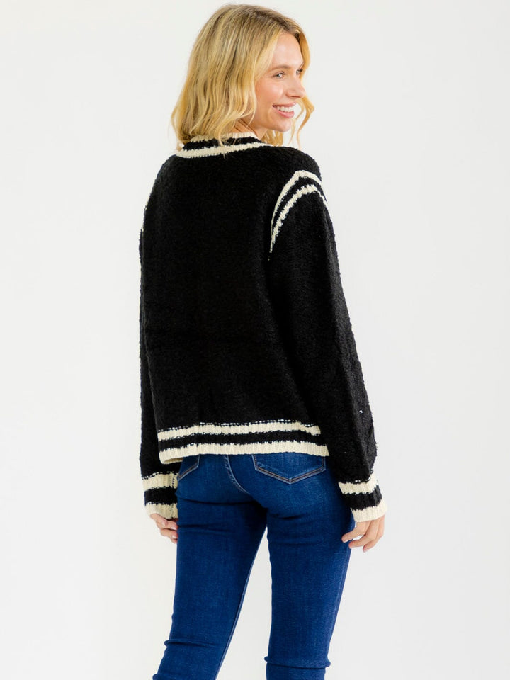 WOMEN'S LONG SLEEVE FRONT TIE POCKETS COLORBLOCK SWEATER