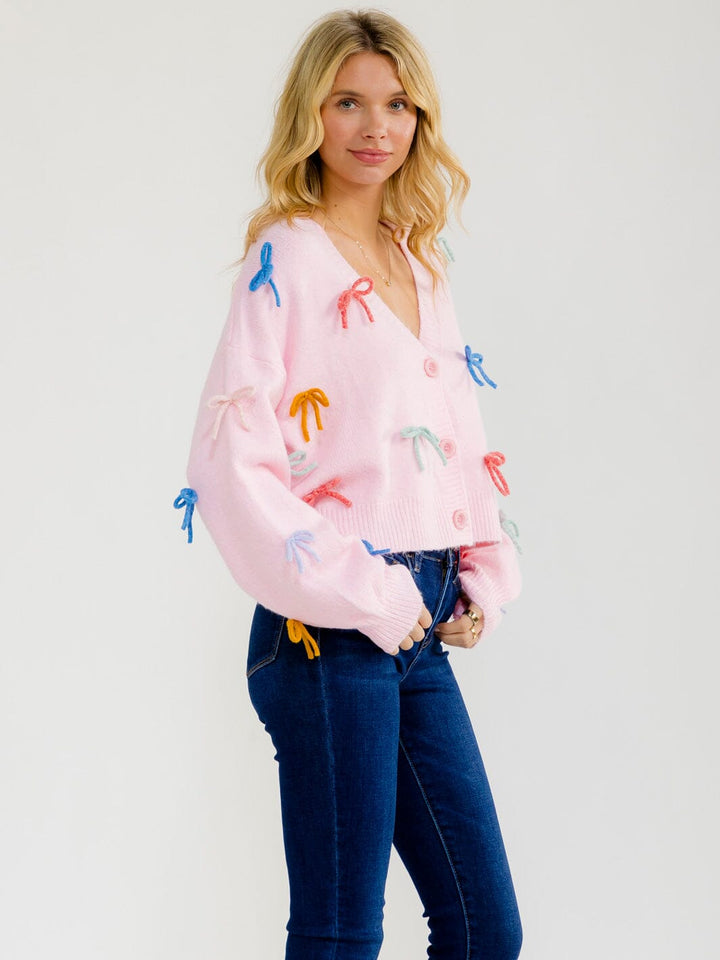 WOMEN'S LONG SLEEVE BUTTON UP BOWS DETAILED FUZZY SWEATER
