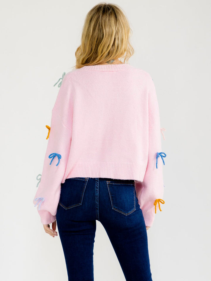 WOMEN'S LONG SLEEVE BUTTON UP BOWS DETAILED FUZZY SWEATER