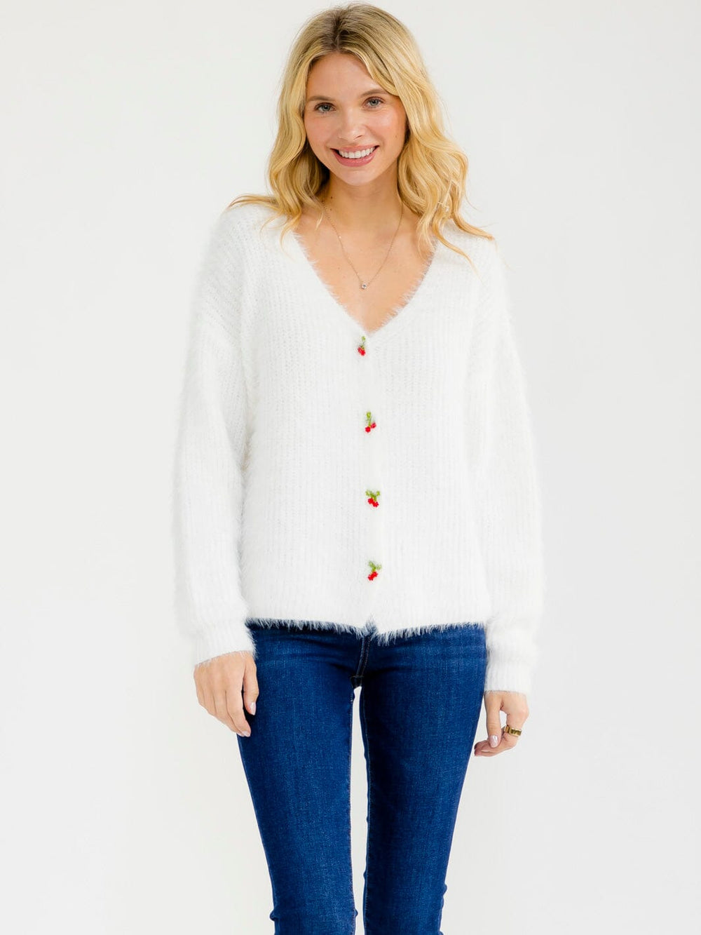 WOMEN'S LONG SLEEVE BUTTON UP CHERRY DETAILED FUZZY SWEATER