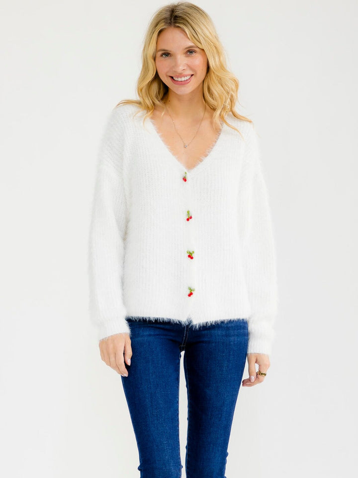 WOMEN'S LONG SLEEVE BUTTON UP CHERRY DETAILED FUZZY SWEATER