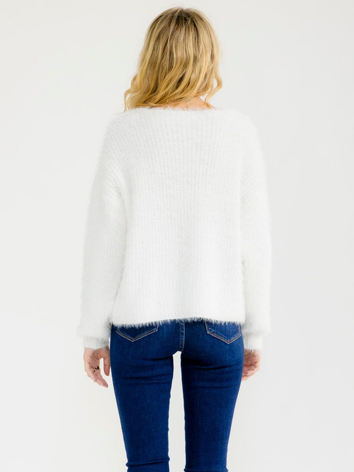 WOMEN'S LONG SLEEVE BUTTON UP CHERRY DETAILED FUZZY SWEATER